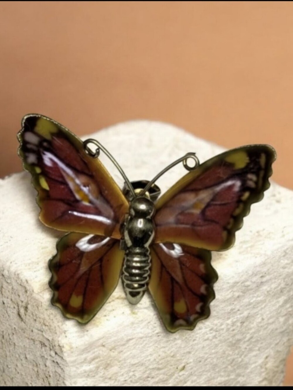 Enamel Butterfly Brooch Pendant Combo Brass Tone Convertible